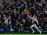 Aston Villa player Andreas Weimann celebrates with the fans after scoring the opening goal during the Barclays Premier League match against Tottenham Hotspur on November 2, 2014