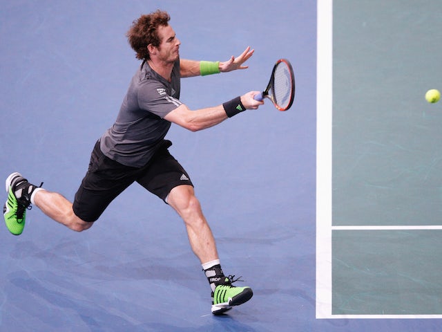 Andy Murray of Great Britain in action against Julien Benneteau of France during day 3 of the BNP Paribas Masters on October 29, 2014