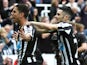 Newcastle United's Spanish striker Ayoze Perez (L) celebrates scoring the opening goal with Newcastle United's French midfielder Remy Cabella (R) during the English Premier League football match against Liverpool on November 1, 2014