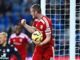 Chris Brunt of West Brom celebrates as he picks the matchball up from the net after Esteban Cambiasso of Leicester City scored an own goal on November 1, 2014