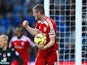 Chris Brunt of West Brom celebrates as he picks the matchball up from the net after Esteban Cambiasso of Leicester City scored an own goal on November 1, 2014