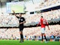 Chris Smalling of Manchester United leaves the field after receiving a red card by Referee Michael Oliver during the Barclays Premier League match against Manchester City on November 2, 2014