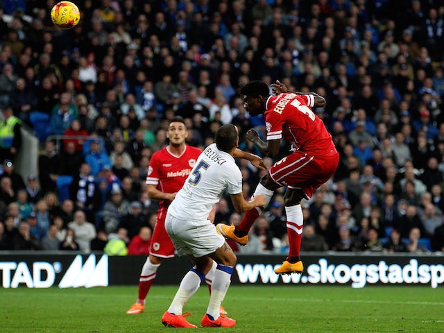 Ecuele Manga of Cardiff scores his team's first goal of the game during the Sky Bet Championship match against Leeds on November 1, 2014