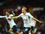 Harry Kane of Spurs celebrates scoring their second goal during the Barclays Premier League match against Aston Villa on November2, 2014