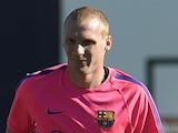 Barcelona's Jeremy Mathieu in the middle of a training session on October 24, 2014