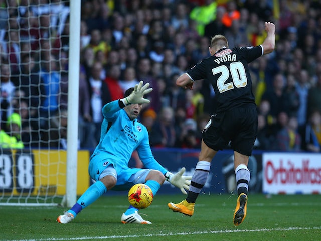 Matej Vydra of Watford scores the teams first goal of the game during the Sky Bet Championship match between Watford and Millwall at Vicarage Road on November 01, 2014