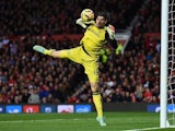 Chelsea keeper Thibaut Courtois makes a save during the game with Manchester United on October 26, 2014