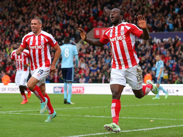 Victor Moses of Stoke City celebrates scoring the opening goal during the Barclays Premier League match against West Ham United on November 1, 2014
