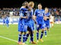 Bastia's Ivorian forward Junior Tallo celebrates with his teammates after scoring a goal during the French L1 football match Bastia (SCB) against Montpellier (MHSC) on November 8, 2014