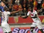 Bordeaux's Malian forward Cheick Diabate celebrates with Bordeaux's French forward Thomas Toure as Lens' French goalkeeper Valentin Belon reacts after Diabate scored his team's second goal during French L1 football match Lens vs Bordeaux on November 8, 20