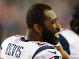Darrelle Revis #24 of the New England Patriots reacts on the sideline in the fourth quarter against Carolina Panthers in a preseason game at Gillette Stadium on August 22, 2014