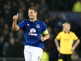 Everton's English defender Phil Jagielka celebrates scoring his team's second goal during the UEFA Europa League Group H football match between Everton and Lille at Goodison Park in Liverpool, Northwest England, on November 6, 2014