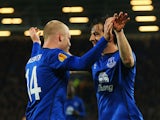 Steven Naismith of Everton celebrates with Leighton Baines as he scores their third goal during the UEFA Europa League Group H match between Everton FC and LOSC Lille at Goodison Park on November 6, 2014