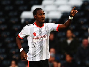 Hugo Rodallega of Fulham celebrates scoring during the Sky Bet Championship match between Fulham and Huddersfield Town at Craven Cottage on November 8, 2014