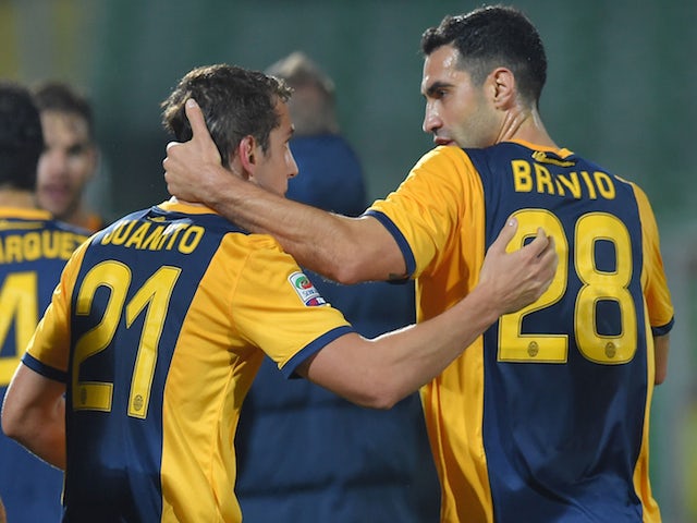 Juanito of Verona celebrates after scoring the goal 1-1 during the Serie A match between AC Cesena and Hellas Verona FC at Dino Manuzzi Stadium on November 3, 2014