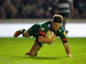  Freddie Burns of Leicester Tigers dives in to score a try during the match between Leicester Tigers and Barbarians at Welford Road on November 4, 2014