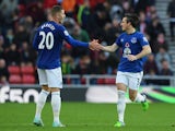 Leighton Baines of Everton (3) celebrates with Ross Barkley as he scores their first goal during the Barclays Premier League match against Sunderland on November 9, 2014