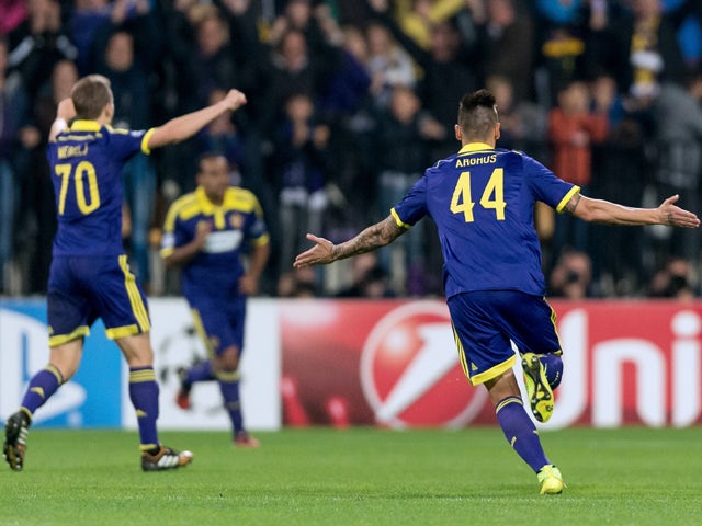 NK Maribor's Arghus reacts after scoring a goal during the UEFA Champions League Group G football match between NK Maribor and Chelsea in Maribor, Slovenia on November 5, 2014
