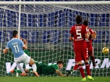 Miroslav Klose of SS Lazio scores the second team's goal during the Serie A match between SS Lazio and Cagliari Calcio at Stadio Olimpico on November 3, 2014