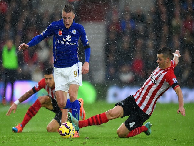 Morgan Schneiderlin of Southampton tackles Jamie Vardy of Leicester City during the Barclays Premier League match on November 8, 2014
