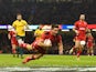 Wales scrum half Rhys Webb breaks through to score the first try during the Autumn international match between Wales and Australia at Millennium Stadium on November 8, 2014