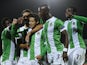 Rio Ave's Brazilian midfielder Diego Lopes celebrates with his teammates after scoring during the UEFA Europa League football match Rio Ave FC vs FC Steaua Bucharest at the Arcos stadium in Vila do Conde on November 6, 2014