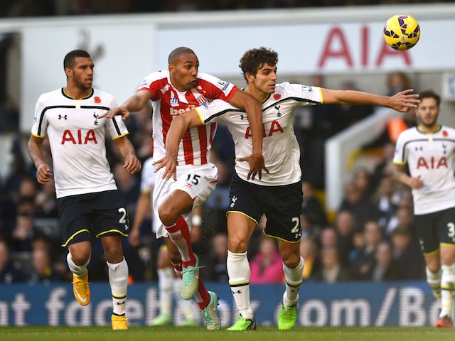 Steven N'Zonzi of Stoke City and Federico Fazio of Spurs compete for the ball during the Barclays Premier League match on November 9, 2014