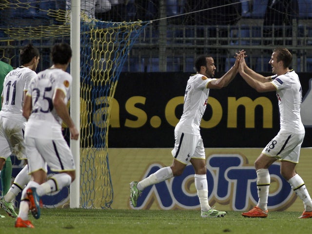 Tottenham Hotspur's Andros Townsend celebrates his goal with teammate Harry Kane during the UEFA Europa League group C football match between Asteras Tripolis and Tottenham Hotspur, in Tripoli south west in Greece, on November 6, 2014