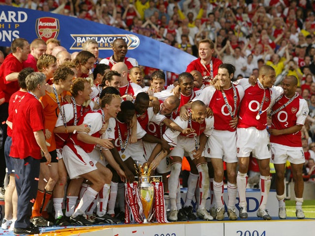 Arsenal celebrates winning the Premiership title and defeating Leicsester City 15 May, 2004