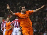 Ben Burgess of Blackpool celebrates his goal during the Carling Cup match between Stoke City and Blackpool at the Britannia Stadium on September 22, 2009