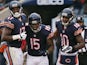 Brandon Marshall of the Chicago Bears (center) celebrates his touchdown with Alshon Jeffery and Marquess Wilson during a game against the Vikings on November 16, 2014