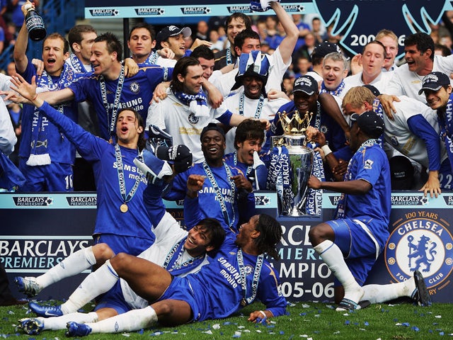 The Chelsea team celebrate winning the Barclays Premiership title after the match between Chelsea and Manchester United at Stamford Bridge on April 29, 2006