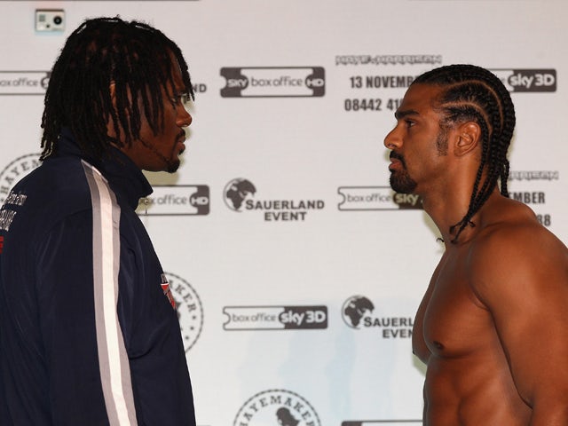 David Haye and Audley Harrison go face to face during the official weigh-in at The Lowry Theatre on November 12, 2010