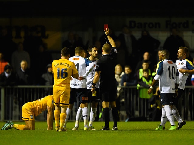 Brian Stock of Havant is given red card for a second bookable offence during the FA Cup First Round match between Havant & Waterlooville FC and Preston North End on November 10, 2014