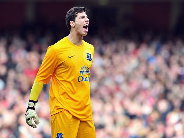 Everton goalkeeper Joel Robles celebrates a goal during the FA Cup quarter-final against Arsenal on March 8, 2014