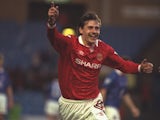 Andrei Kanchelskis of Manchester United celebrates his goal during the FA Cup semi-final replay against Oldham at Maine Road on 13 April, 1994