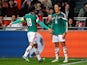 Javier Hernandez #14 of Mexico is congratulated by team mates after scoring the third goal of the game for his team during the international friendly match between Netherlands and Mexico held at the Amsterdam ArenA on November 12, 2014