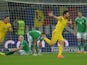 Romania's defender Paul Papp celebrates a goal against Northern Ireland during the UEFA 2016 European Championship qualifying round Group F football match Romania vs Northern Ireland at the Arena Nationala stadium in Bucharest on November 14, 2014