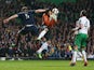 Scotland's defender Grant Hanley vies with Republic of Ireland's goalkeeper David Forde during the Euro 2016 Qualifier, Group D football match between Scotland and Republic of Ireland at Celtic Park in Glasgow, Scotland on November 14, 2014
