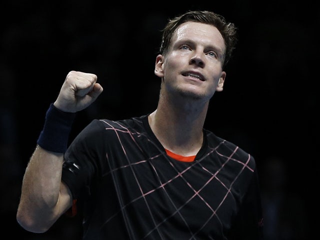 Czech Republic's Tomas Berdych celebrates winning his Group A singles match against Croatia's Marin Cilic on day four of the ATP World Tour Finals tennis tournament in London on November 12, 2014