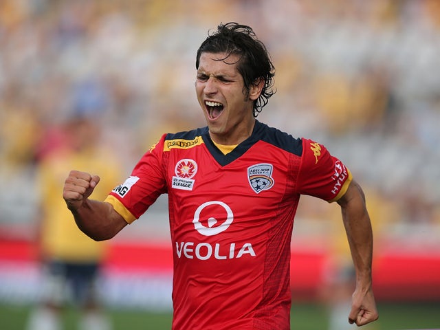 Pablo Sanchez of Adelaide celebrates after scoring a goal during the round seven A-League match between the Central Coast Mariners and Adelaide United at Central Coast Stadium on November 23, 2014 