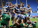 Bath Rugby forward congratulate each other after forcing London Irish into conceeding a penalty try during the Aviva Premiership match between London Irish and Bath Rugby at Madejski Stadium on November 22, 2014