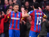 Dwight Gayle of Crystal Palace celebrates his goal with Mile Jedinak of Crystal Palace during the Barclays Premier League match between Crystal Palace and Liverpool at Selhurst Park on November 23, 2014