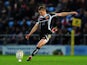 Gareth Steenson of Exeter Chiefs kicks a penalty during the Aviva Premiership match between Exeter Chiefs and Wasps at Sandy Park on November 22, 2014