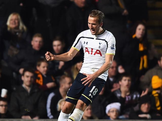 Harry Kane of Tottenham Hotspur celebrates his goal during the Barclays Premier League match against Hull City at KC Stadium on November 23, 2014