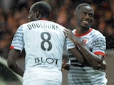 Rennes' French forward Paul-Georges Ntep celebrates after scoring a goal during the French L1 football match between Guingamp and Rennes at the Roudourou stadium in Guingamp, western France, on November 22, 2014