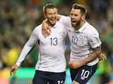 Anthony Pilkington of Ireland celebrates scoring his sides opening goal with Daryl Murphy during the International Friendly match between the Republic of Ireland and USA at the Aviva Stadium on November 18, 2014