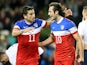 United States' midfielder Mix Diskerud celebrates with United States' midfielder Alejandro Bedoya after scoring their first goal to equalise during the international friendly football match between the Republic of Ireland and the United States at the Aviv
