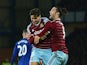 Mauro Zarate of West Ham United celebrates his goal with Andy Carroll during the Barclays Premier League match between Everton and West Ham United at Goodison Park on November 22, 2014
