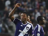 Anderlecht's defender from DR Congo Chancel Mbemba celebrates after scoring his second goal during the UEFA Champions League football match between Anderlecht and Galatasaray in Brussels, November 26, 2014